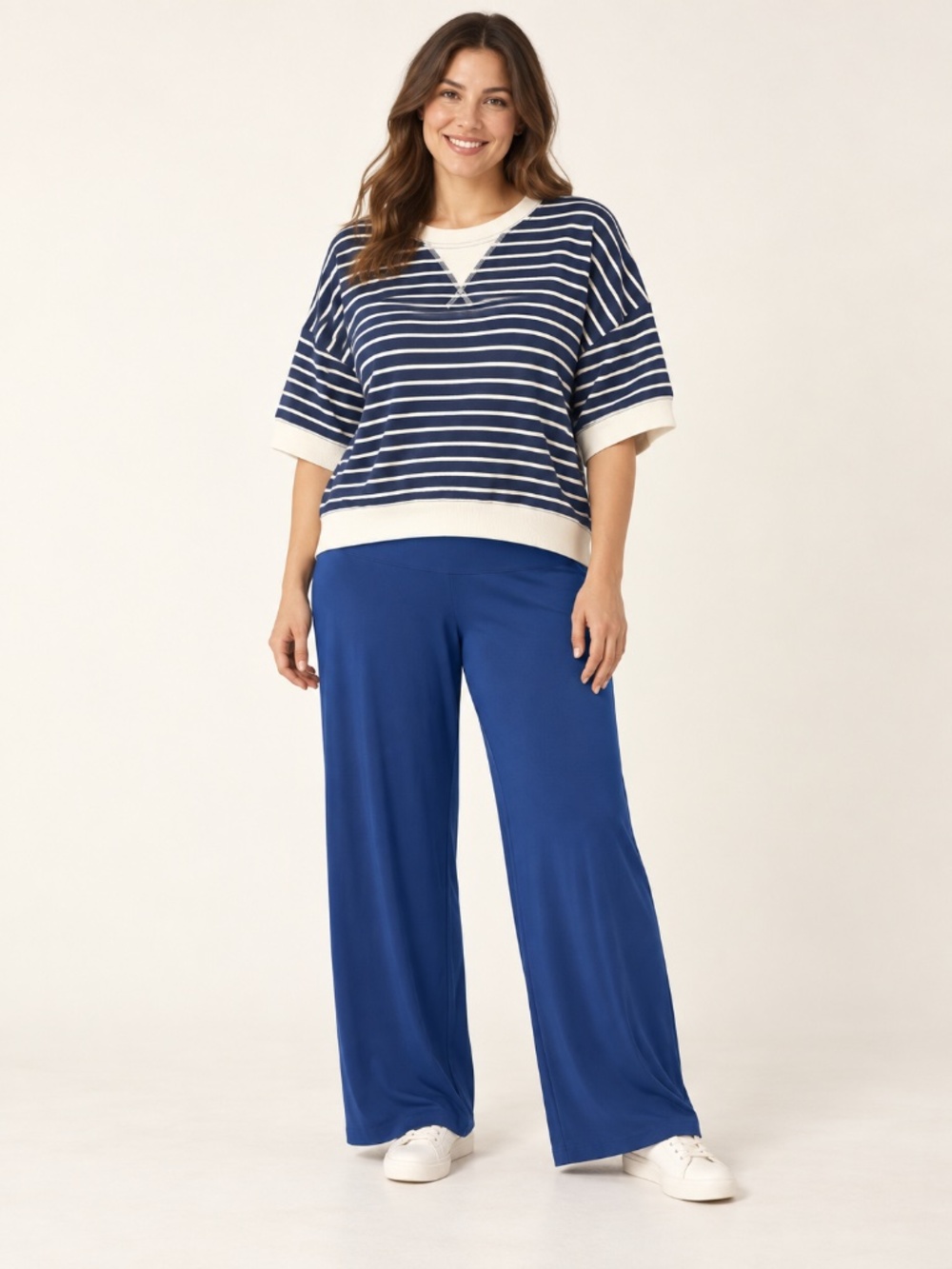 Zenana Navy Striped Top & Navy Wide Leg Pants Set